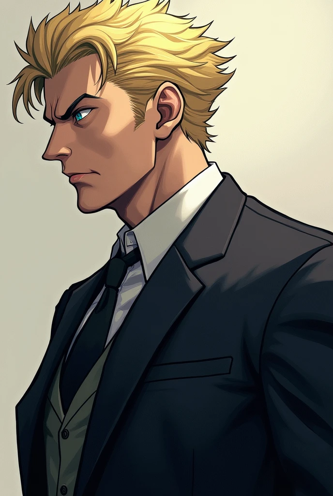 a serious man, in elegant suit, with hair styled in the style of a working man&#39;s hair, blonde in color. Her eyes are intense blue, conveying a firm and determined expression (inspired by nanami kento))