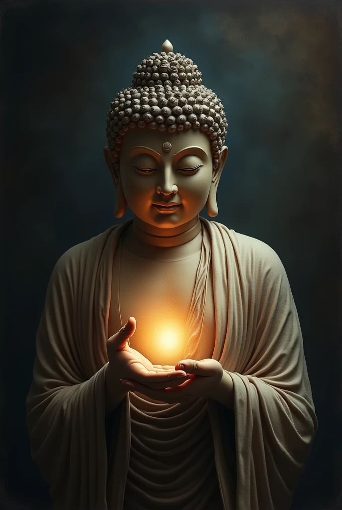 Buddha,face,body,light on hand,realistic,the dark,portrait