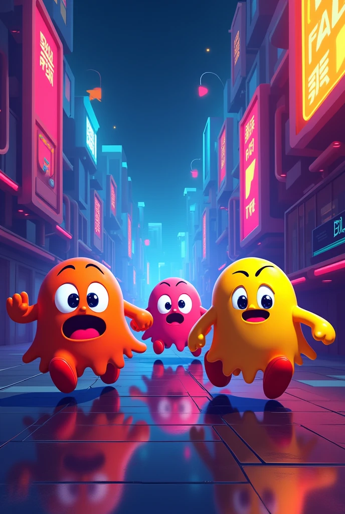 Pacman Ghosts running away in neon way 2D without many details
