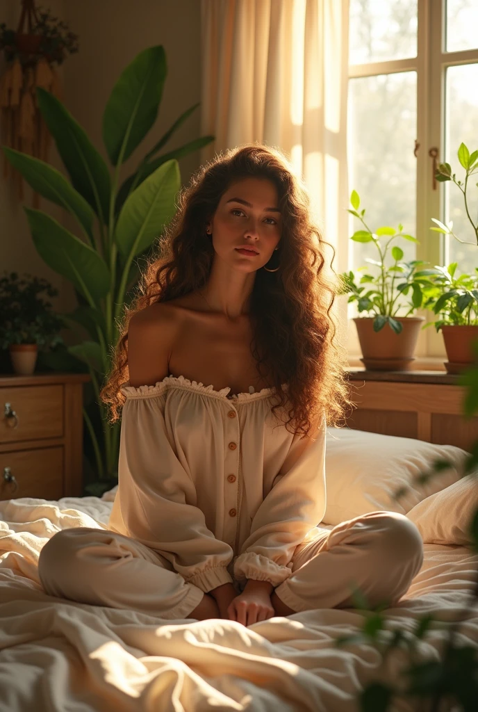 (photorealism:1.2), beautiful woman, sitting on bed, wearing loose off-shoulder top, pajama pants, long curly hair, indoors, soft lighting, plants in background, window with sunlight, cozy room, relaxed pose, realistic, intricate details, warm colors, by Greg Rutkowski, by Alphonse Mucha