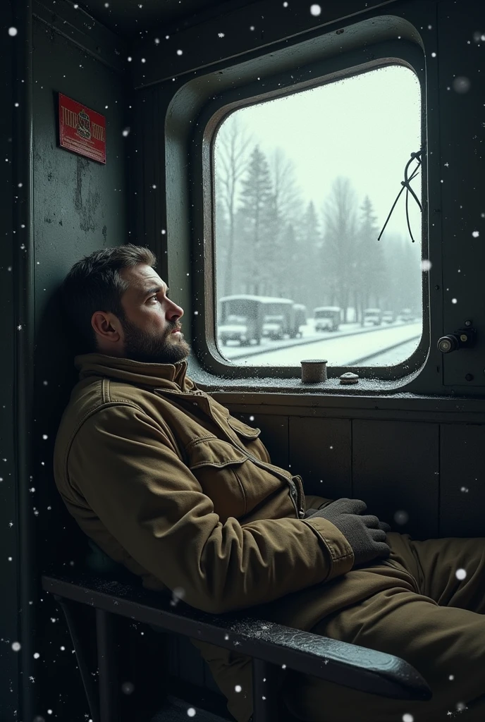 masterpiece, best quality,Soviet man，Steam locomotive cockpit，Lie on the window，Looking up，World War II，TRAIN STATION，About to travel，dimly lit scene，Dim Lights，Snow