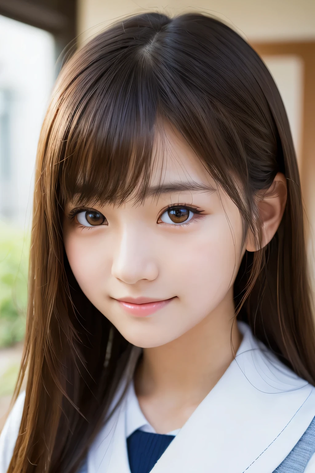 Highest quality, Face Focus, Soft Light, Ultra-high resolution, (Realistic:1.4), RAW Photos, 1 Japanese girl, alone, cute, (pupil, Light in your eyes), Beautiful face in every detail, (Small box),(High resolution detail of human skin texture), (Long Hair), indoor, High School Uniform, (Portraiture),smile