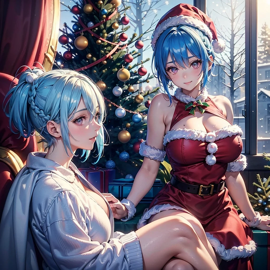 (Sky blue hair),(Braided short hair), (Pink Eyes),Fair skin) ,(whole body),(1 giant Christmas tree),(One Girl),(Santa Claus clothes),(Cute smile),Santa Claus hat,(Christmas Party),(masterpiece, Highest quality, Very detailed, Best Shadow), (Detailed Background), (Beautifully detailed face), High Contrast, (Best lighting, Very delicate and beautiful), ((Cinematic Light)), Hyper Detail,8k, Dramatic Light, Intricate details,