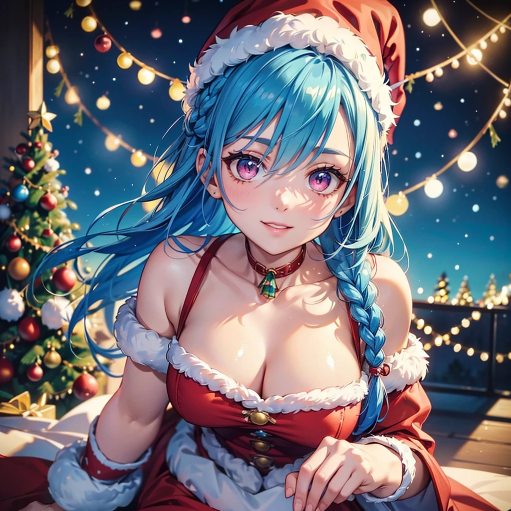 (Sky blue hair),(Braided short hair), (Pink Eyes),Fair skin) ,(whole body),((A huge Christmas tree in the background)),(One person),(Santa Claus clothes),(Cute smile),Santa Claus hat,(Christmas Party),(masterpiece, Highest quality, Very detailed, Best Shadow), (Detailed Background), (Beautifully detailed face), High Contrast, (Best lighting, Very delicate and beautiful), ((Cinematic Light)), Hyper Detail,8k, Dramatic Light, Intricate details,