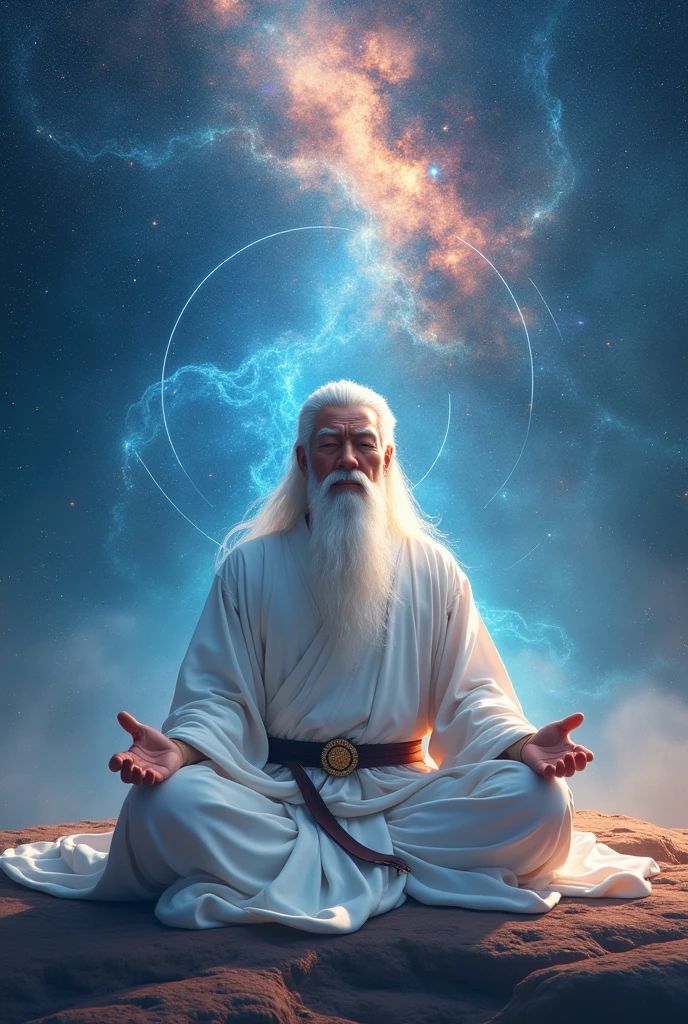 30-year-old Asian middle-agedbonze elder sitting in blue galaxy close-up,long  white hair，A meditative，There is a white beard，Meditation cross-legged，Daoism, Wear a white robe and a white belt，at centre，Face the lens，Space starry sky background，milky ways，Taoist master,Taoist，universe background，Very bright colors, Light particles, with light glowing, Mshiv, wallpaper art, UHD wallpaper