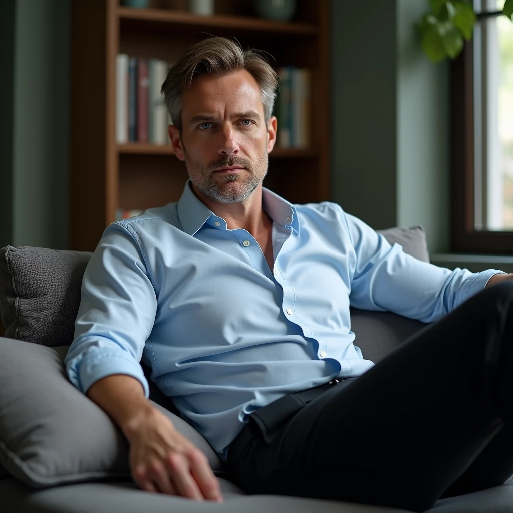 A white man,  model type, at 33 years old,  blue colored eyes, wearing a blue white shirt and black pants, sitting sideways with your feet up on a sofa  
