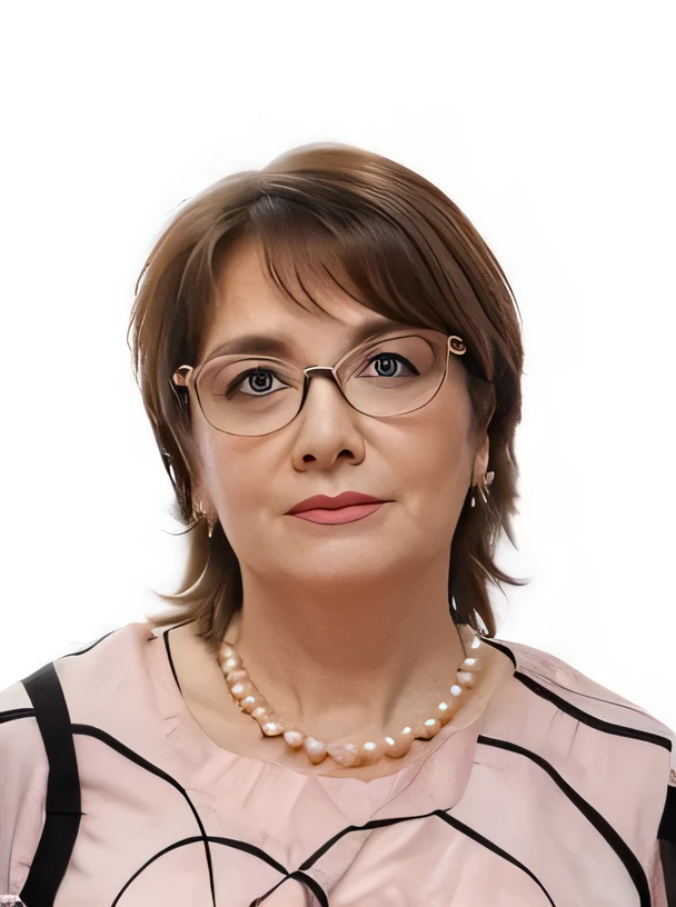 Woman 40 years old in a pink blouse, Pearl necklaces. spectacled. White background