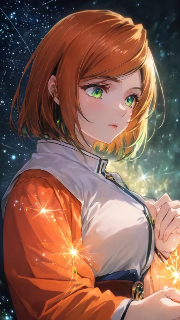 A girl with long hair and green eyes looking at the stars, Anime Art Wallpaper 4K, Anime Art Wallpaper 4K, Anime girl with orange straight short hair, Detailed digital anime art, anime art wallpaper 8 k, Anime Wallpaper 4K, Anime Wallpaper 4K, Green Halo, Beautiful anime portrait, 4k anime wallpaper,Orange glowing eyes, Anime style 4k