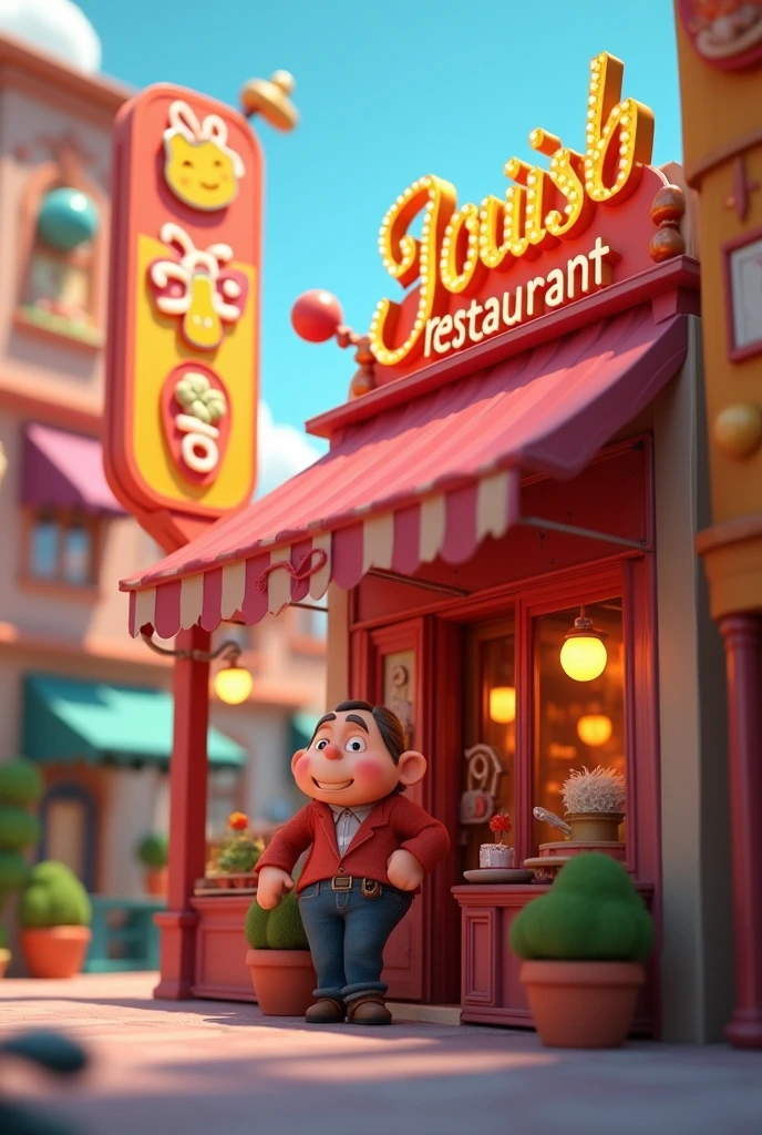 In animation 3d style-

3. **रेस्टोरेंट का दृश्य**:
   - नया रेस्टोरेंट, जिसमें चमकदार साइनबोर्ड हो और कुछ अजीब व चमत्कारी भोजन दिखाए गए हों।
   - रेस्टोरेंट के मालिक की छवि, जो चालाक और दुष्ट दिखते हैं।-