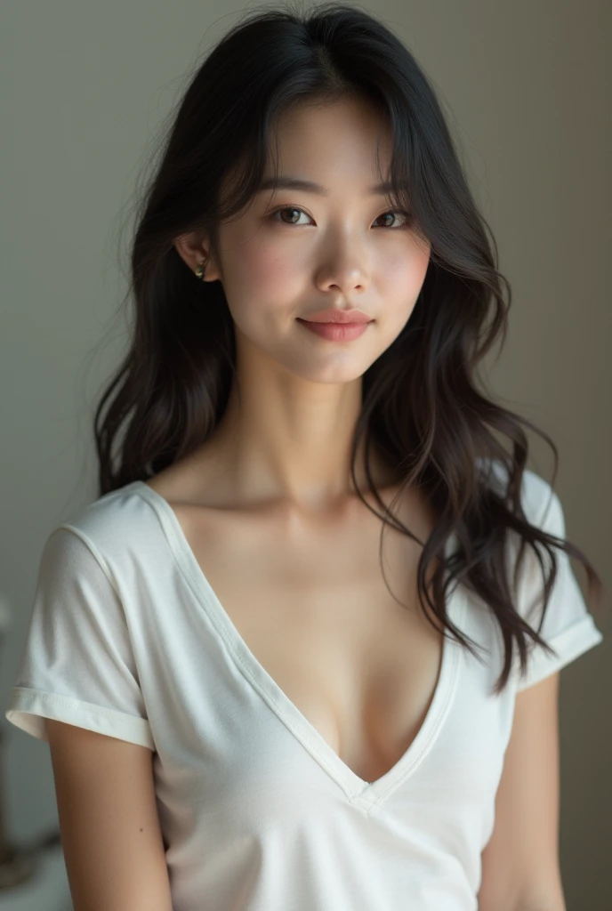 A beautiful Japanese woman in her early 20s, not wearing a bra, with her nipples visible through her white T-shirt、I have long hair、smile、