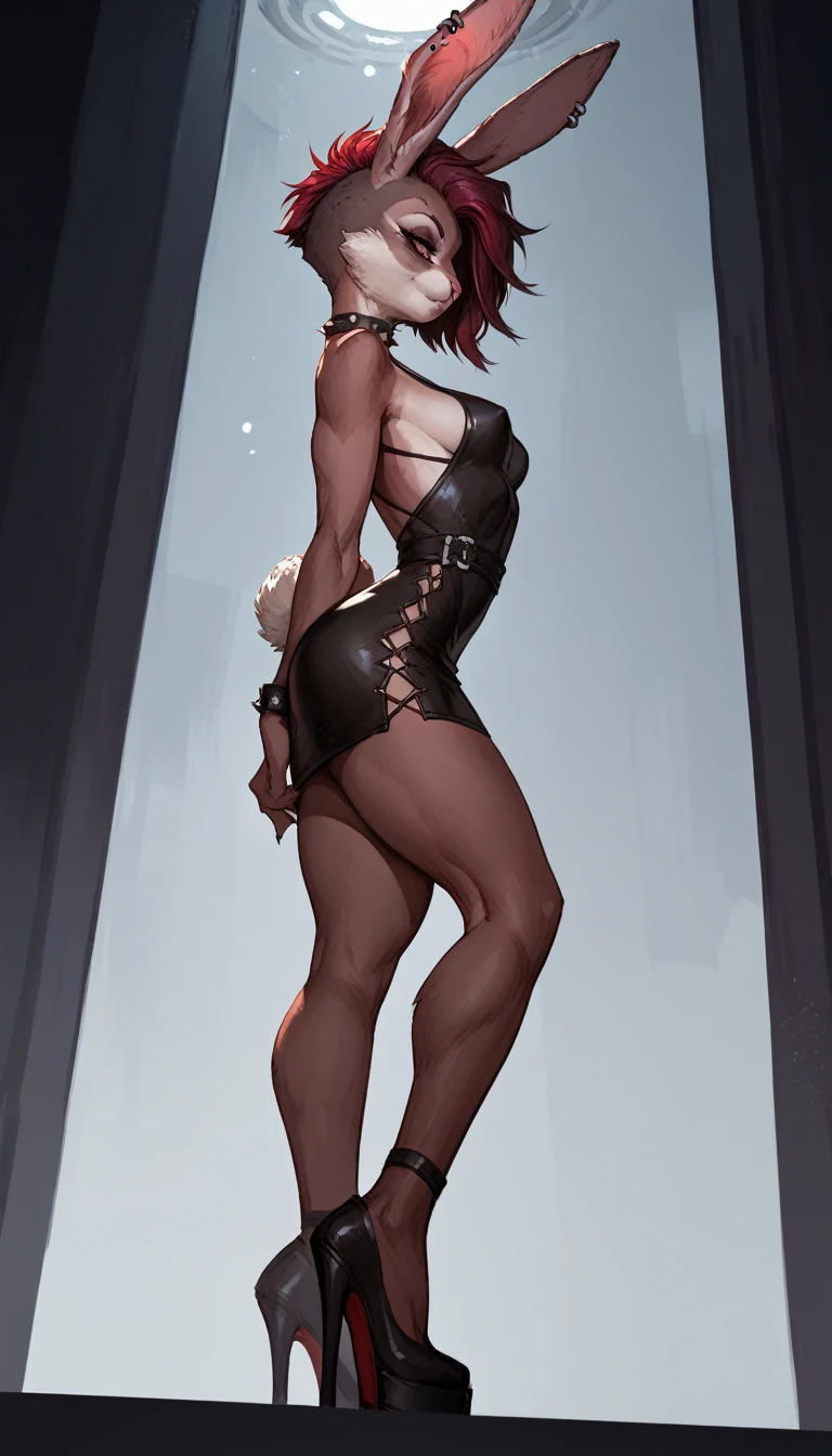 rabbit 1.0, furry bunny 2.0, Female, mini dress, high heels, side view, lecherous look, 1 Female, Near angle, short haircut,(punk 3.0)