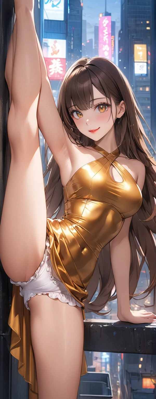 Straight hair、Brown Hair,((Very exquisite golden sexy dress)), Appearance , (beautiful girl: 1.3),One person,Highest quality,8k,Highly detailed CG unit wallpaper,masterpiece:1.2,Highest quality,Ultra-high resolution,RAW Photos,Realistic textured skin,Cinema Lighting,Happy,big eyes,Detailed eyes,Glossy lipstick,Perfect Makeup,Ultra-high definition beauty face,Huge building,Metropolis,Sensual,(big, Round and beautifully shaped butt),(Standing on the rooftop of a skyscraper in Cyber City),(panoramic),night,Detailed neon lights,(((Are standing_Split))),Bloomers