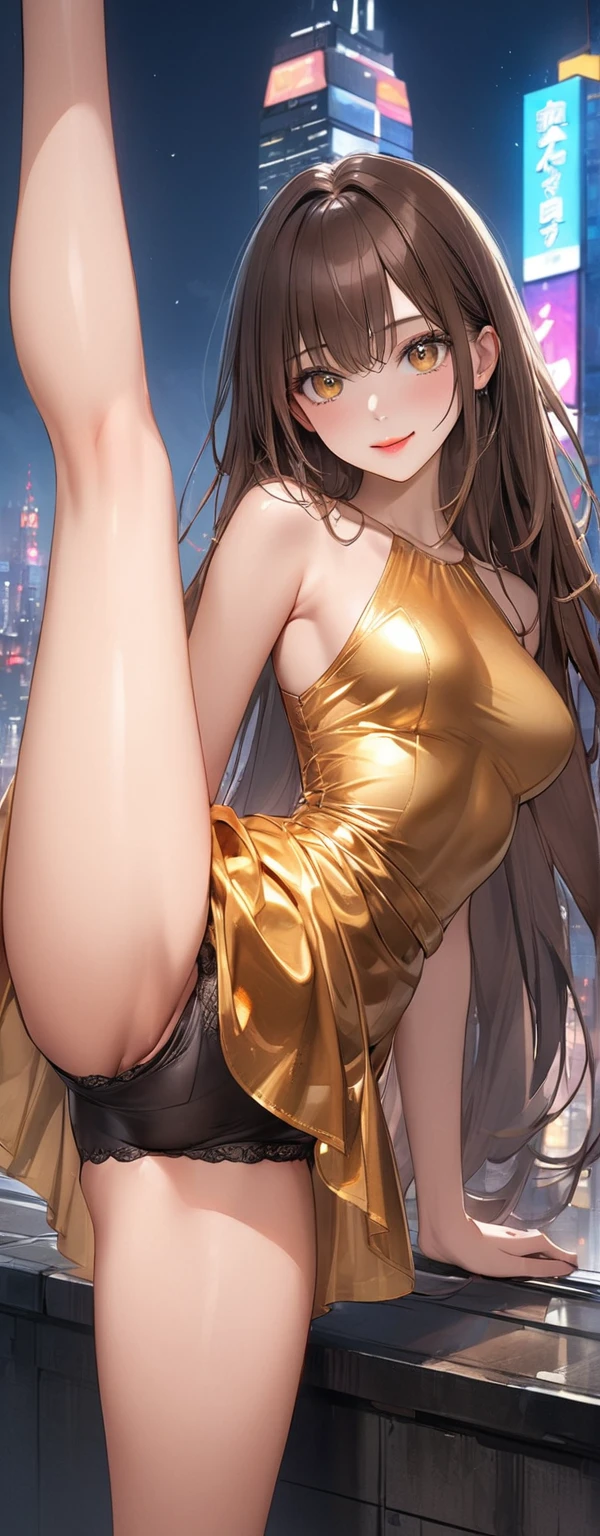 Straight hair、Brown Hair,((Very exquisite golden sexy dress)), Appearance , (beautiful girl: 1.3),One person,Highest quality,8k,Highly detailed CG unit wallpaper,masterpiece:1.2,Highest quality,Ultra-high resolution,RAW Photos,Realistic textured skin,Cinema Lighting,Happy,big eyes,Detailed eyes,Glossy lipstick,Perfect Makeup,Ultra-high definition beauty face,Huge building,Metropolis,Sensual,(big, Round and beautifully shaped butt),(Standing on the rooftop of a skyscraper in Cyber City),(panoramic),night,Detailed neon lights,(((Are standing_Split))),Bloomers