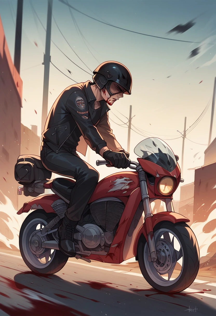 Male black racer, motorcycle, fell off the motorcycle, blood, dust, black helmet, crashed, black clothes, race
