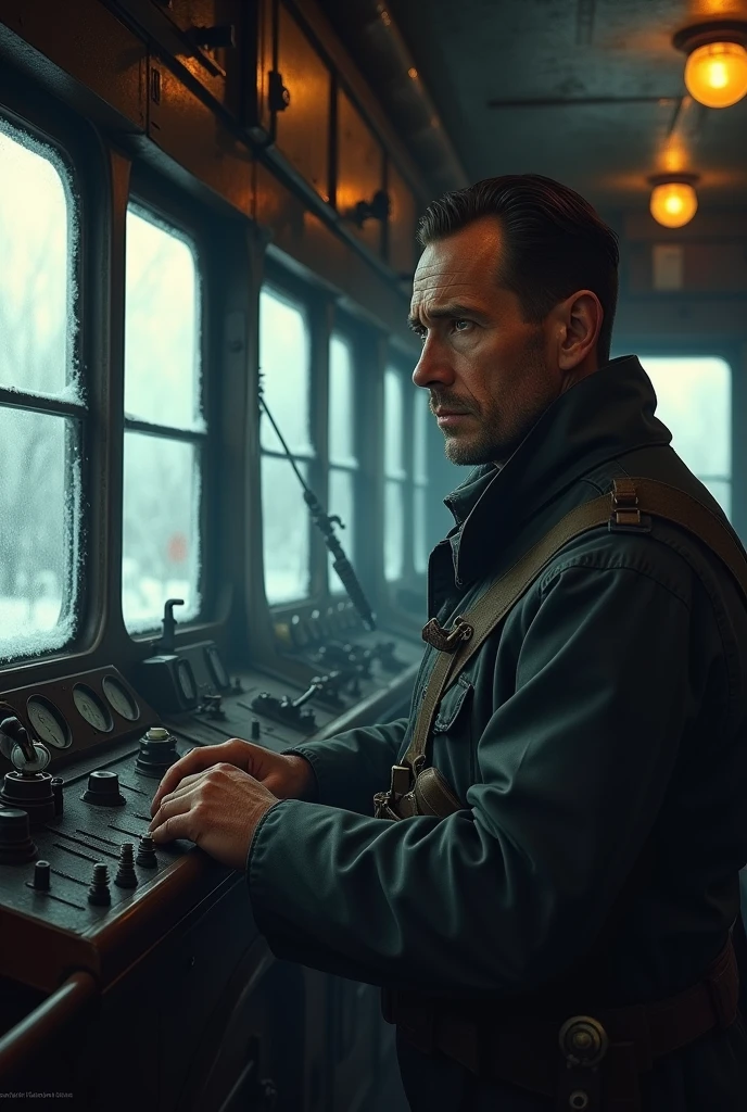 masterpiece, best quality,Soviet man，Steam locomotive cockpit，Looking up，World War II，About to travel，dimly lit scene，Dim Lights，Snow