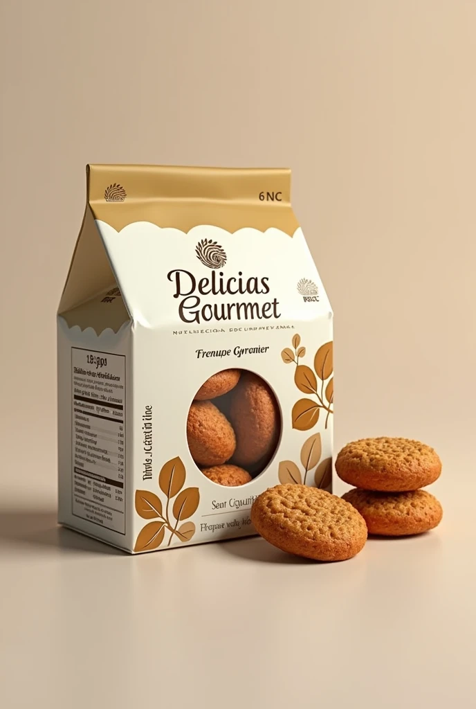 Create a high quality COOKIE package to launch on the market "WHOLEGRAIN COOKIES WITH NUTS" the company is called "Gourmet Delights" Take into account protection factors, Ingredients, presentation, sustainability. Keep in mind that it is in Colombia and all the steps necessary to bring it to market, but it should be in Spanish and attract attention. Let the nuts and the nutrition table be visible and indicate if they have sweeteners or sugars.. Let it be a quality package and it be for 6 units of cookies.. How would you indicate the above to an AI that generates images?