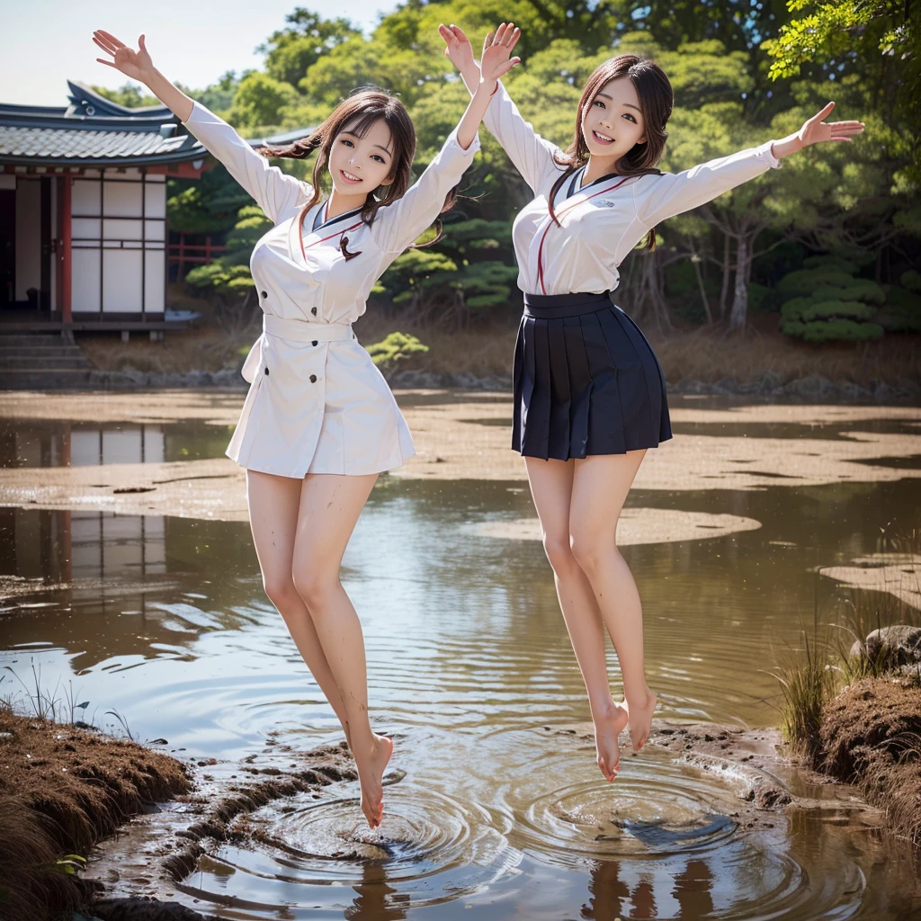 (((barefoot slender Japanese girl on mud pond))), natural front lighting, ultra sharp focus,bright brown hair, large eyes with long eyelashes and double eyelids, smile, (((jumping and waving arms))), ((huge breasts)), (full body shot:2), (beautiful face:2),(((wearing Japanese high-school uniform )))