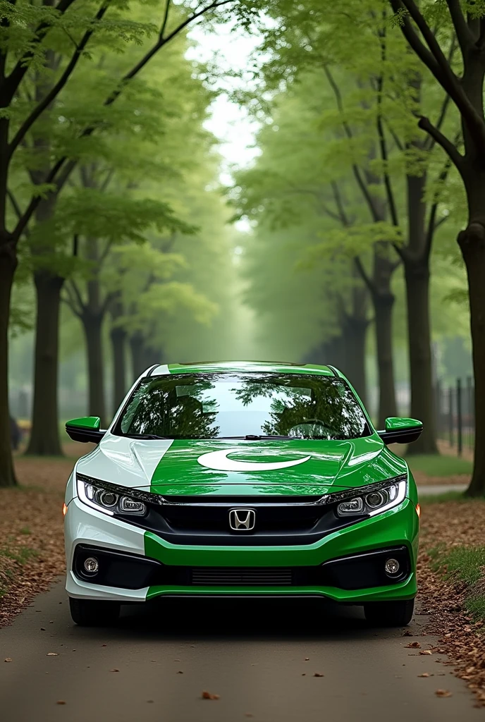 A Honda civic 2020 with the car should have Pakistan flage color all over the car in green feild realistic full picture