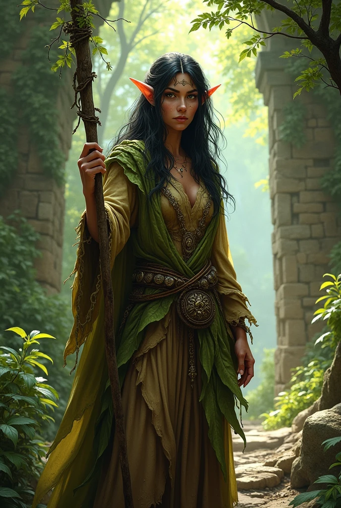 Create a dungeons and dragons character image of an older female tribal elve mage with light brown skin, small lips, pointed ears long unkempt wild black hair in a brown and green robe made of leafs holding a wooden staff in ruin in a forest