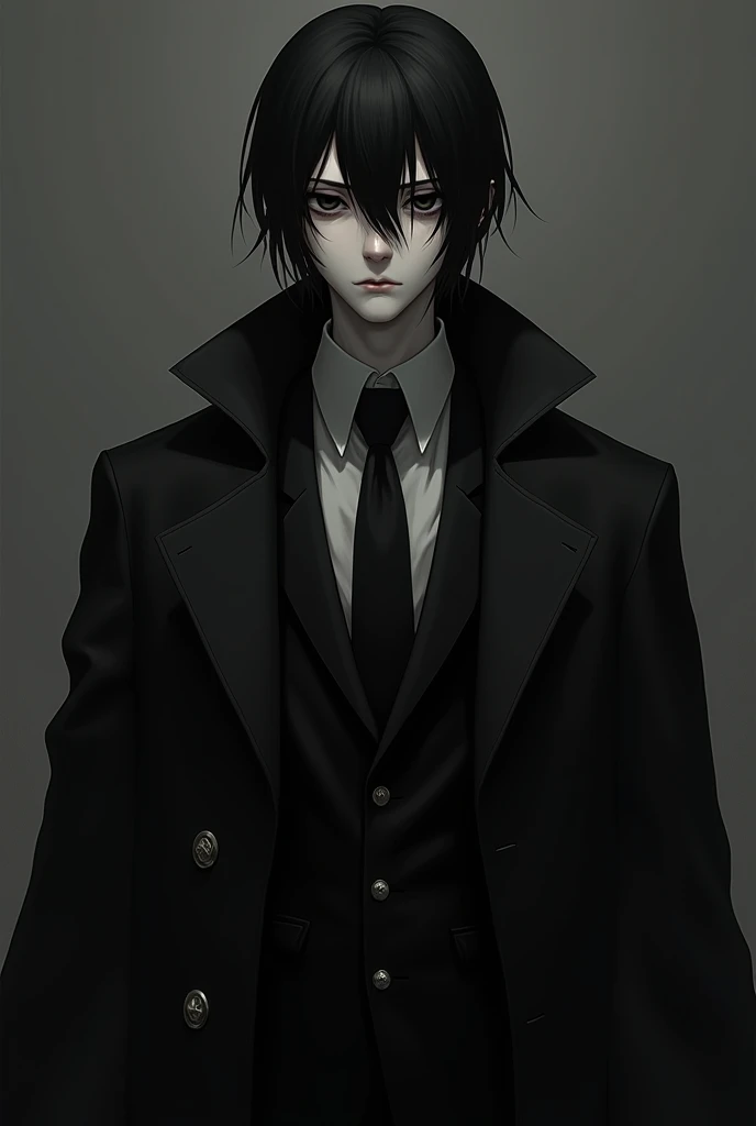 An emo with a melancholic expression on his face, he wears a dark suit and a long coat that falls over his shoulders. His hair is black and straight, and he has large, black eyes that seem like deep wells of sadness. Unlike emos commonly depicted with wavy lines and a softer graphic style, this emo seems to have a more solid and angular structure, as if it were sculpted from stone. His face seems designed to convey sadness and loneliness, and the black ensemble he wears makes him look even more somber.]