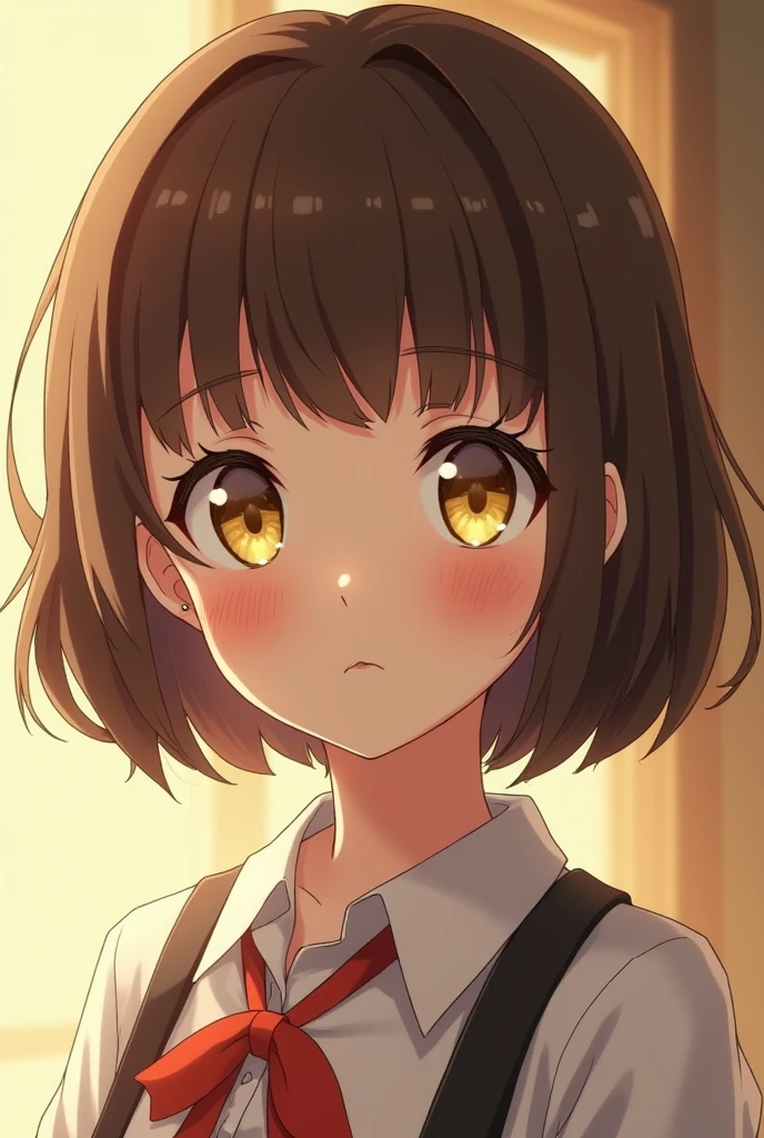 short hair girl, up to the middle of the neck, Her hair is brown and her eyes are yellow., wears clothes from the 1950s. anime style.