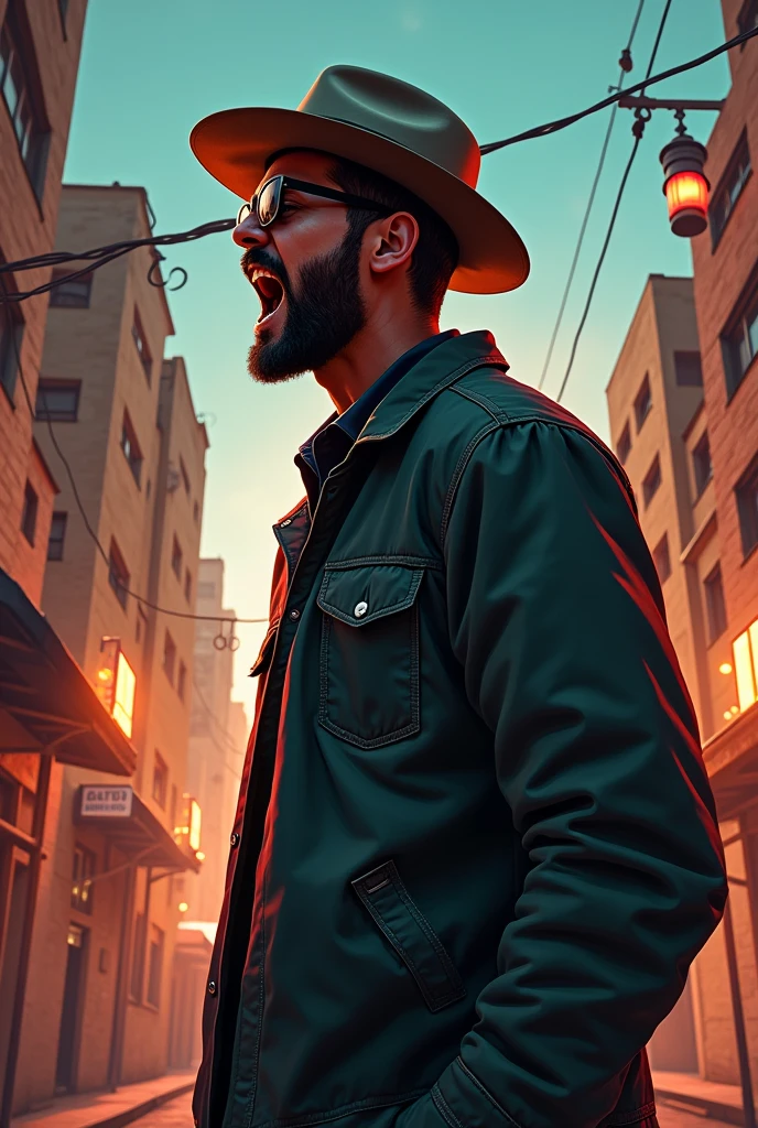((best quality)) man with glasses and hat shouting looking back,,(gta)