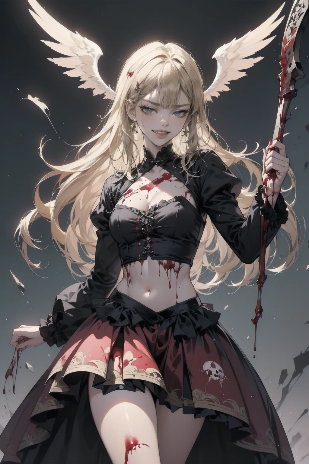 .(Highest quality,4K,High resolution,masterpiece:1.2),Very detailed,Realistic:1.37,Spooky altar background,Dark fantasy,Red color scheme,Ominous atmosphere,Eye-catching,Storytelling,anatomy,Anime Style,Concept Art,beautiful細部までこだわった顔と (((Red eyes ))),A terrifying ritual ,Satanic Ritual,Premature death,inappropriate behavior,クレイジーなsmile,Scythe Face,Girl Monster, beautiful, Delicate facial features, Sharp Eye, Sharp Fangs, pale skin, Thick chain, Dark Background, Cinema Lighting, Dramatic Shadows, Gothic style, Gloomy atmosphere, Dark fantasy, One Girl, Please open your mouth wide, Open your mouth and baring your teeth,Sharp teeth like a beast, Wide lips, very wide mouth, Vermilion cheeks, ,(Blood splatter:1.4),Scary smile, smile,Angel Design, Twisted smile、Bloody、bleeding from the head,,,,,、Blood splatter、,(Blood splatter:1.4),skull,Horrorスタイル, ((Fantasy Sweet Ta Frill Pink Costume)), ((Flowing blonde hair)), ,(Blood splatter:1.4),Female curves, Sexy flat stomach, Perfect hands, Perfect anime face, (Pink Tata Dress)), Are standing, ((邪悪なsmile)), ,(Blood splatter:1.4), Steam circulates, Moonlight Illumination, night lighting, (Blood splatter:1.6),アニメAngel Design, Twisted smile、Bloody、bleeding from the head,,,,,、Blood splatter、,(Blood splatter:1.4), skull,Gothic architecture、Western architecture、Fantasy World、,Victorian cities, Skeleton Gas Light,Absurd, High resolution、 ((Tabletop)), ((Highest quality)), (Very detailedな), ((Very detailed)), (beautiful), ((pretty girl)), (NFSW:1.8), alone,(10 years old:1.6)、(world&#39;The most terrifying and creepy demon ***:1.5)beautiful face、Whole Body Ezbian、pale, beautiful肌、beautiful金の髪、Smiling Kindly、Dark building ruins、(snow white&#39;Frill dress:1.3)、(The dark ruins are stained with blood:1.3)、Low angle full body shot、(少女は血の海の中にAre standing:1.5)、(The ground is full of blood:1.3)、(The  lost a lot of blood...:1.3)、(クレイジーなsmile:1.6)、Spirits、(Blood dripping from the mouth:1.3)、Neo-goth style, Wearing a black dress and a white collar, Wearing a black hat、wearing heavy makeup, Standing in a mystical garden surrounded by vines. The garden is full of deep purple flowers.、背景のGothic architecture。. &#39;The hair is golden、、A red rose is pinned to the side。. Her eyes are sharp、It&#39;Like being stabbed., Thick black eyeliner and long lashes. 彼女は顔色がpale.、Her lips are bright red.. The atmosphere is gloomy and eerie, with dim lighting casting long shadows. This piece combines digital illustration and photography..., outcome、驚くほどHigh resolutionの画像が生まれました. Most of the colors are dark、I&#39;Calm, Deep reds and purples create a dark beauty.. The style is neo-Gothic., Horror, Portrait Photography, Create unique and compelling visual experiences.Dark Imagery
