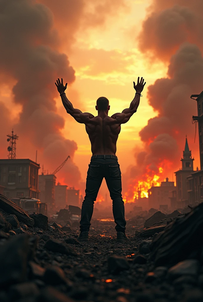 Image of a man standing with his arms raised, looking in front of him at a city in ruins and all on fire