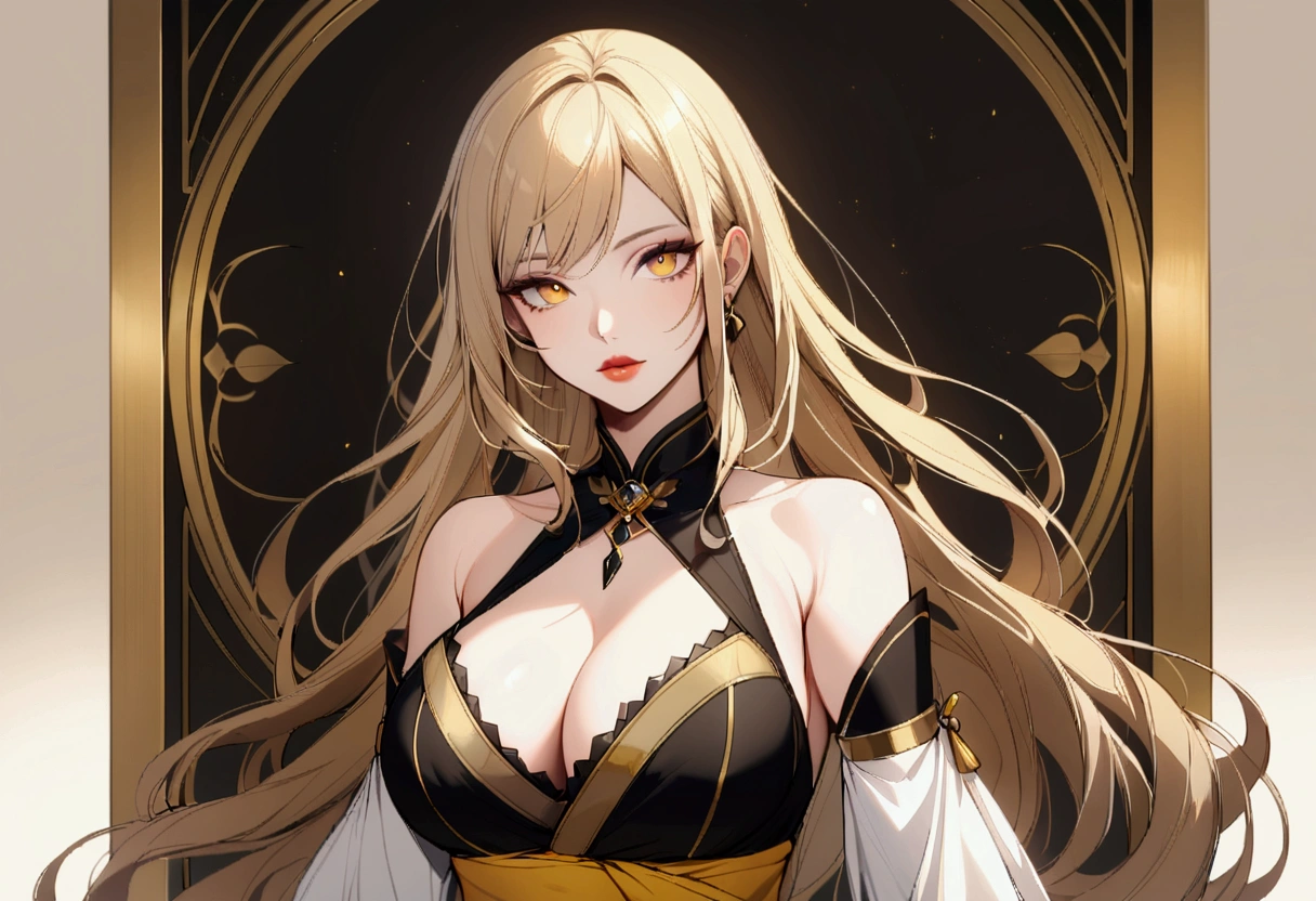 slender, mature female,1girl, blond_hair, breasts, rating:safe, detached_sleeves, solo, cleavage, large_breasts, bare_shoulders, yellow_eyes, lips, looking_at_viewer, long_hair, detached_collar, parted_lips, sash
