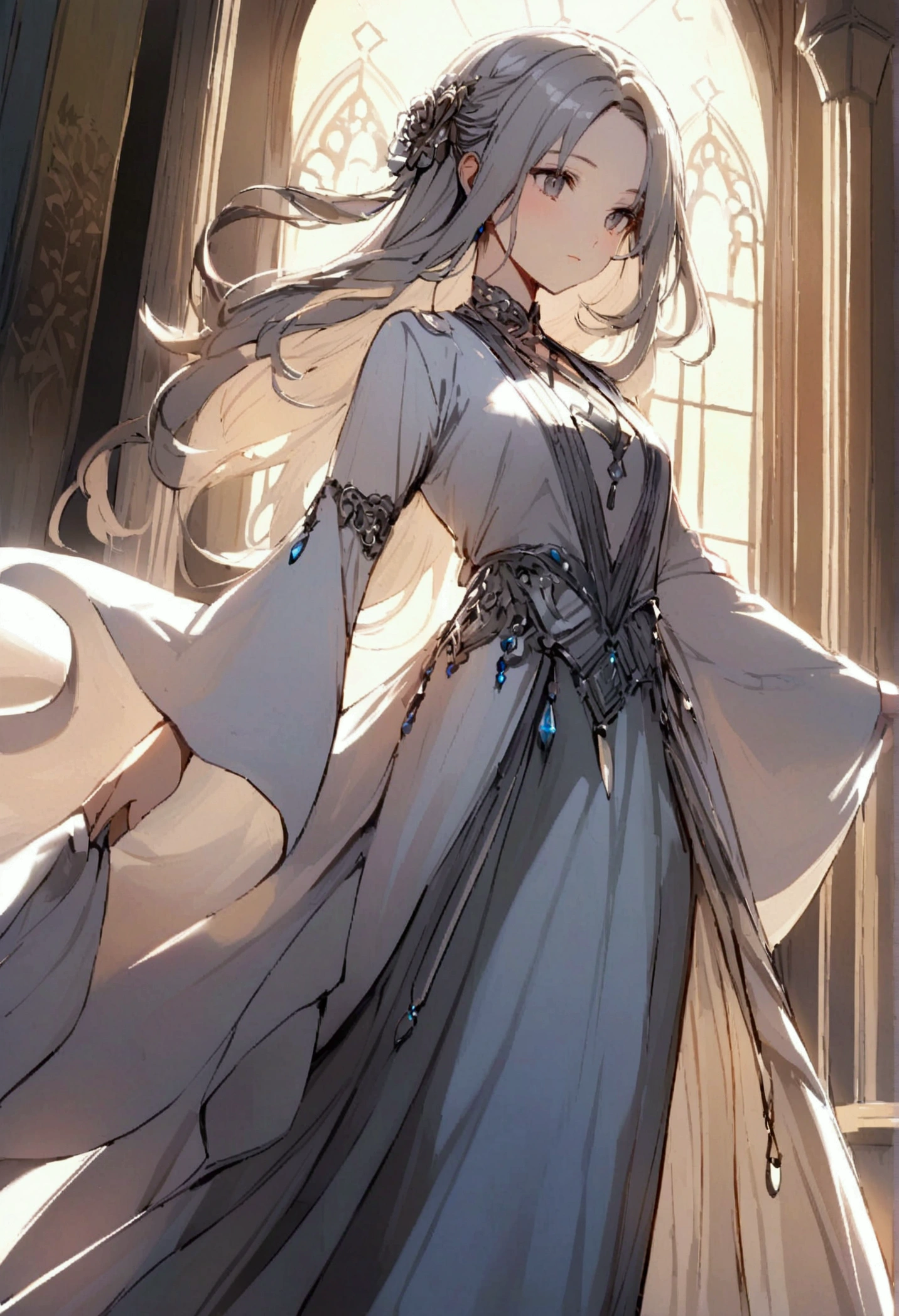 woman magician Her face is both cute and cool. Her hair is silver and long Elegant and calm Long, loose-fitting robes