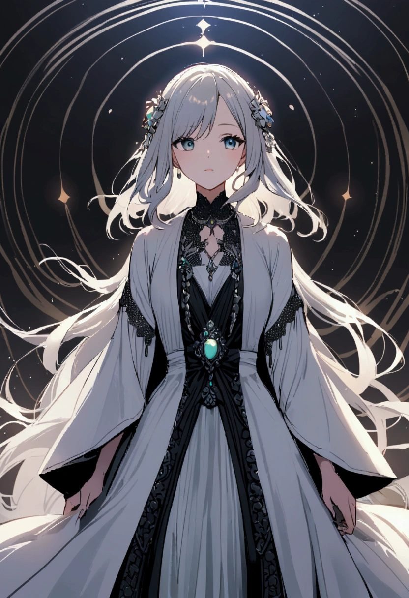 woman　magician　Her face is both cute and cool.　Her hair is silver and long　Elegant and calm　Long, loose-fitting robes　　