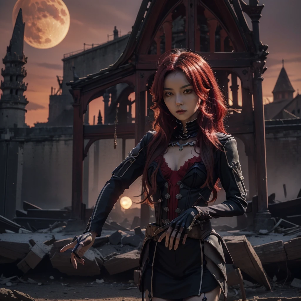 dark persona, (masterpiece:1.2), (best quality:1.2), (extremely detailed:1.2), (extremely detailed face), (ultra detailed), 8k, cg, 1girl, demon_cosplay_outfit, demon_wings, full red moon, red sky, scarlet colored hair, wearing exotic Corse, black stocking, black laced gloves, standing in front of ruined castle, (holding a small skeleton skull on right hand:1.2), red pupils, stare at viewer
abandon medieval city, ruined medieval castle,