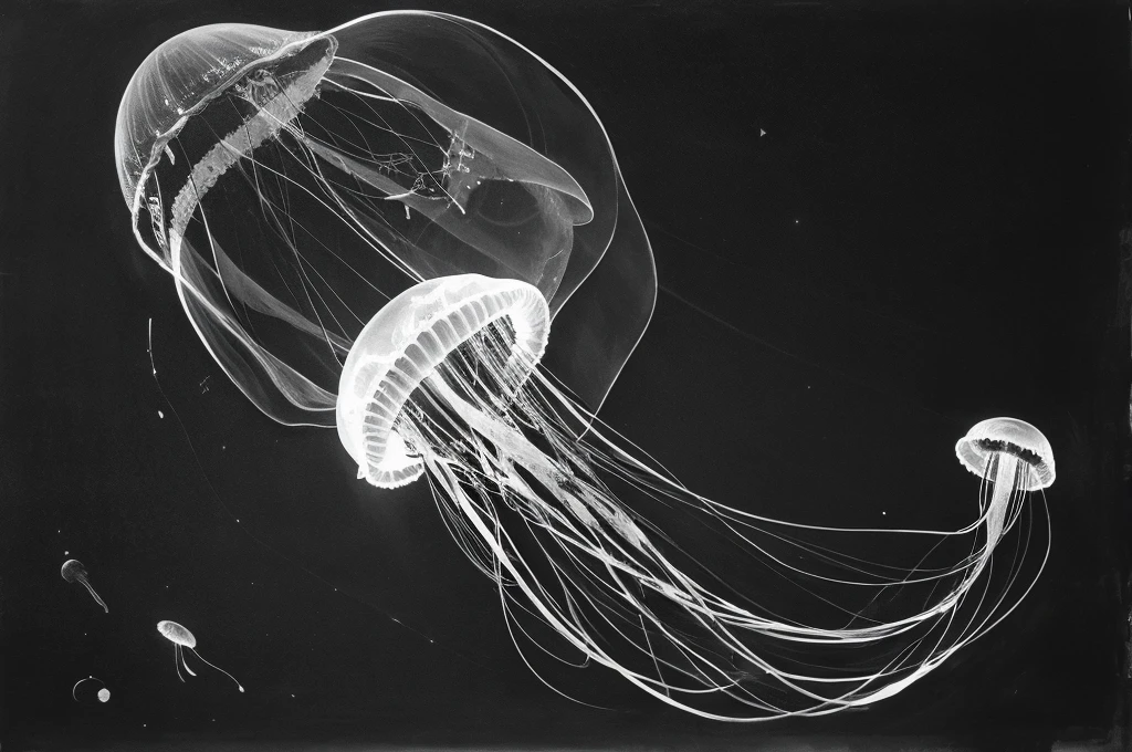 jellyfish,monochrome,old painting,white background,in space