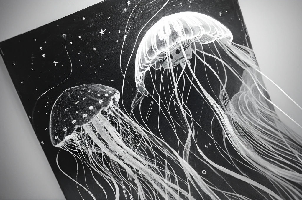 jellyfish,monochrome,old painting,white background,in space