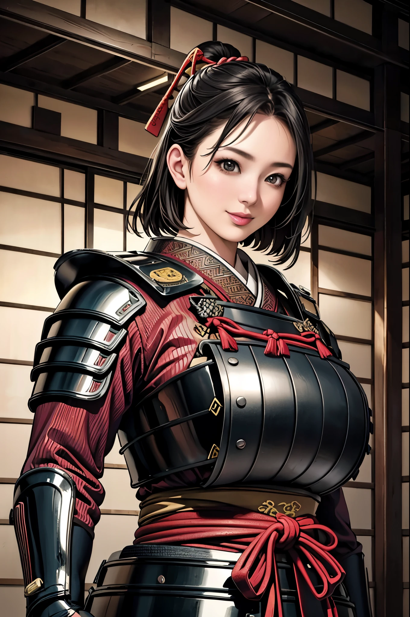 (Browsing Caution), (RAW Photos), (Realistic), (Photorealistic), Ultra-high resolution, masterpiece, Highest quality, Portraiture, facial Portraiture, Perfect lighting, Detailed lighting, Dramatic Shadows, Ray Tracing, Pure Eros Face_v1, Urzan-6500-v1.1, (1 beautiful Japanese woman), ((gentle smile)), ((upper body:1.2)), ((random standing pose)), looking at viewer, ((wearing a samurai armor)), ((in old Japanese castle)),