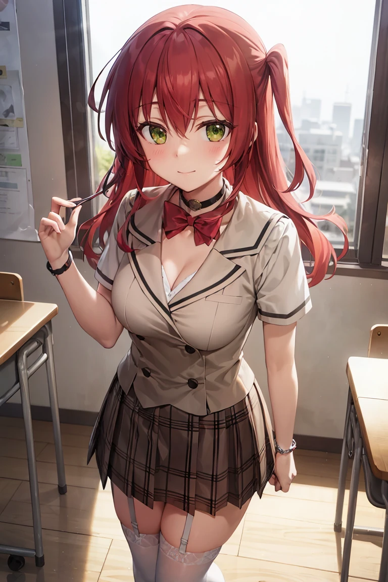 Red hair、Long Hair、bangs、Hair between the eyes、One side up、Green Eyes、smile、Medium chest, Cleavage, BREAK black choker, choker, Symbolism, Garter Straps, neck ribbon, Plaid, puffy Short sleeve, Puff sleeves, purple ribbon, Redhead, ribbon, school uniform, shirt, Short sleeve, skirt, Knee socks, white shirt, white skirt, BREAK Watch Viewers, Indoor rest, Classroom break (masterpiece:1.2), Perfect lighting, 