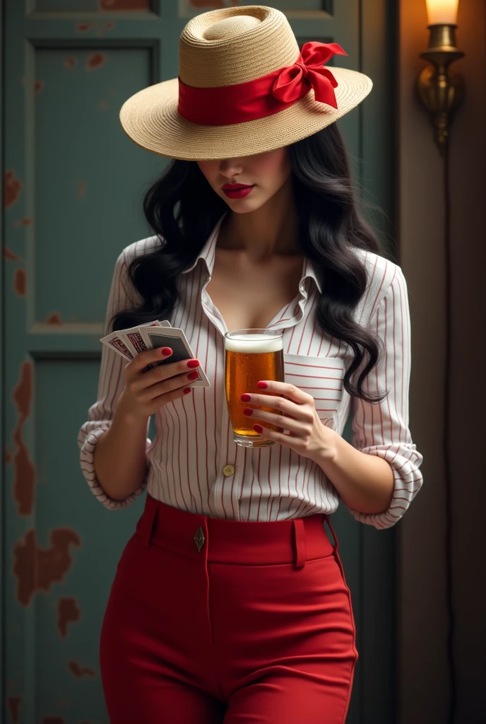 brunette woman long wavy black hair, aside, wearing a Panama hat that almost covers his face with a red ribbon, wearing a white and red striped shirt, holding a glass of beer and a deck of cards, wearing full-length red pants