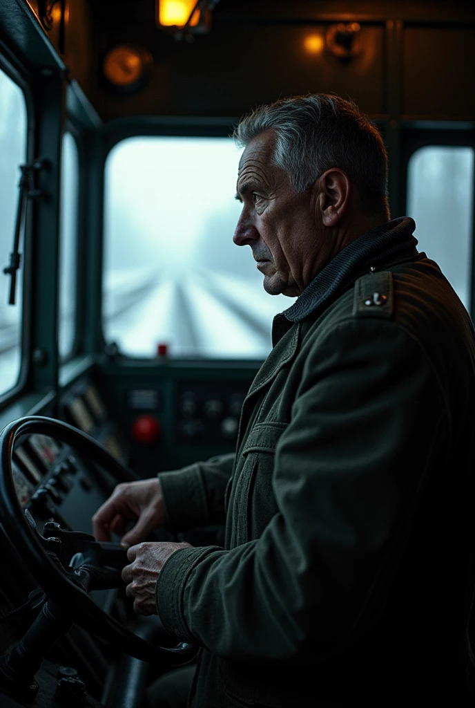 masterpiece, best quality,Soviet man，Steam locomotive cockpit，Looking up，World War II，About to travel，dimly lit scene，Dim Lights，Snow