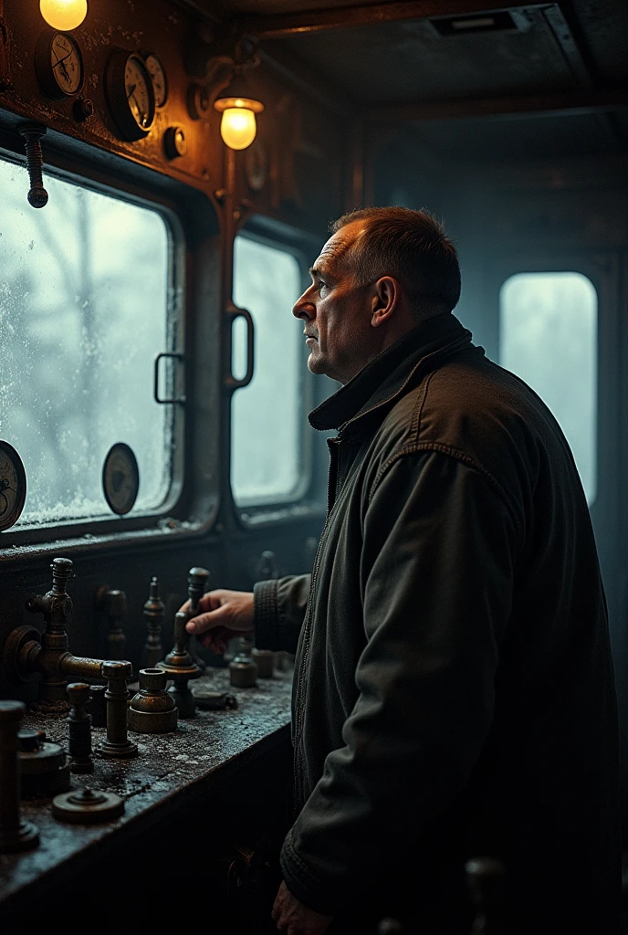 masterpiece, best quality,Soviet man，Steam locomotive cockpit，Looking up，World War II，About to travel，dimly lit scene，Dim Lights，Snow