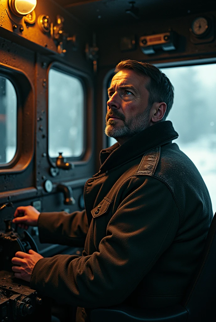 masterpiece, best quality,Soviet man,Steam locomotive cockpit,Looking up,World War II,About to travel,dimly lit scene,Dim Lights,Snow
