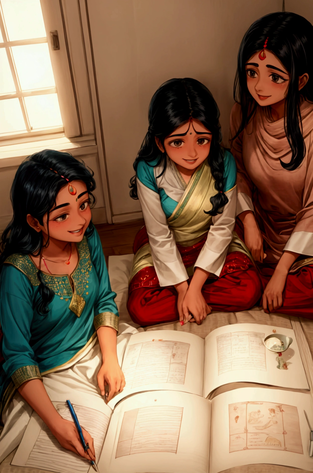 Mousumi, Priya, and Nabanita in a cozy room, laughing and chatting. Mousumi is holding a book, Priya is sketching on a notepad, and Nabanita is making tea. The room is filled with warm lighting and a sense of camaraderie.
