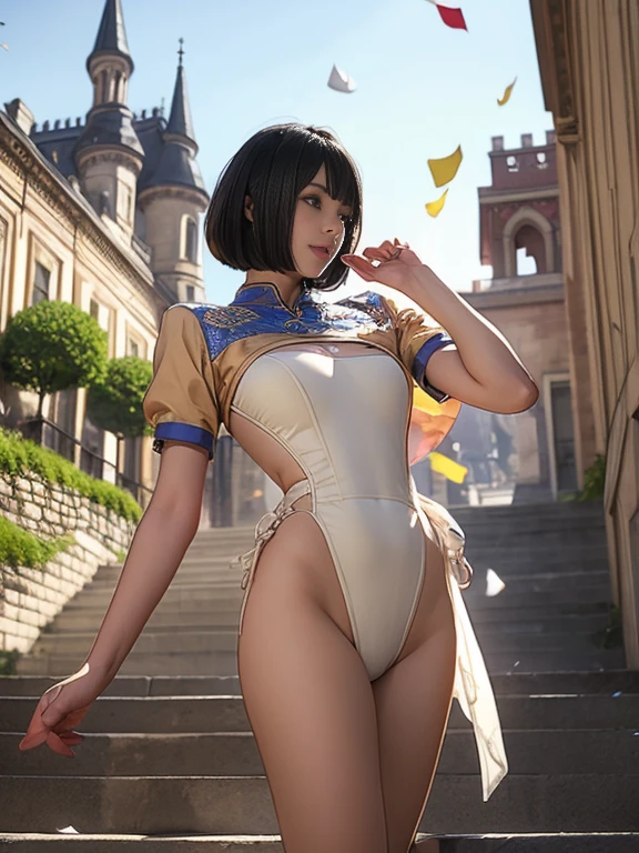 Highest quality, Official Art, masterpiece, Fabric Shading, High resolution, Very detailed, colorful, Best details, Fantasy, Combat Uniform, Song Jua:1.5, 1 female, Age 25, Black Hair, short hair, Up bang hair, One Length, Highest quality, Official Art, masterpiece, Fabric Shading, High resolution, tight, Very detailed, colorful, Best details, Fantasy, Standing on the stairs, A castle town with an old castle, sunny, Random Hair,puffy nipple,  Large Breasts, skinny, Surrounded by a lot of people:1.9, Confetti falling, Blessed, Welcomed:1.5, Camel Toe:1.3, Ground level shot:,