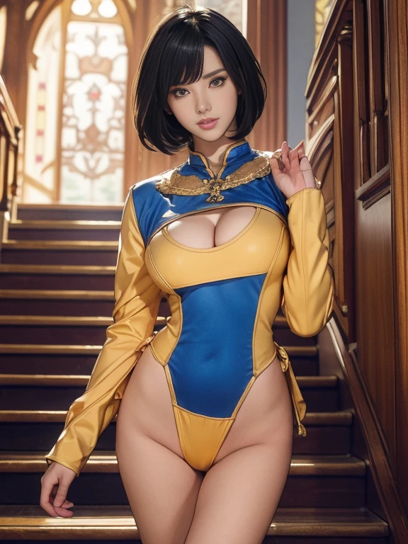 Highest quality, Official Art, masterpiece, Fabric Shading, High resolution, Very detailed, colorful, Best details, Fantasy, Combat Uniform, Song Jua:1.5, 1 female, Age 25, Black Hair, short hair, Up bang hair, One Length, Highest quality, Official Art, masterpiece, Fabric Shading, High resolution, tight, Very detailed, colorful, Best details, Fantasy, Standing on the stairs, A castle town with an old castle, sunny, Random Hair,puffy nipple,  Large Breasts, skinny, Surrounded by a lot of people:1.9, Confetti falling, Blessed, Welcomed:1.5, Camel Toe:1.3, Ground level shot:,