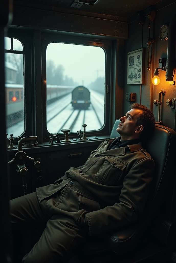 masterpiece, best quality,Soviet man,Steam locomotive cockpit,Lie on the window,Looking up,World War II,TRAIN STATION,About to travel,dimly lit scene,Dim Lights,Snow