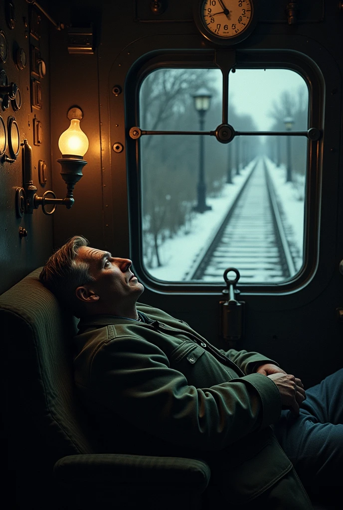 masterpiece, best quality,Soviet man，Steam locomotive cockpit，Lie on the window，Looking up，World War II，TRAIN STATION，About to travel，dimly lit scene，Dim Lights，Snow