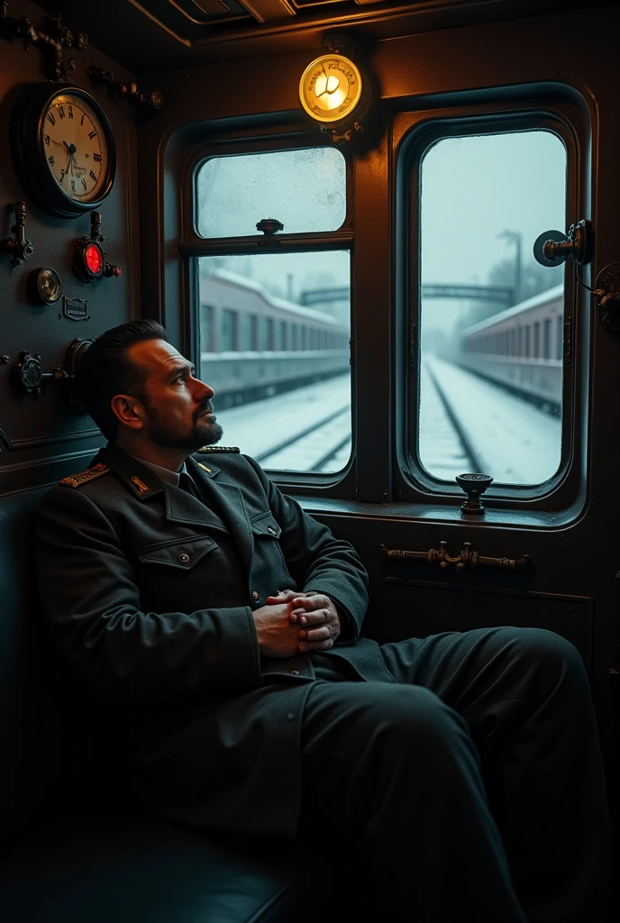masterpiece, best quality,Soviet man,Steam locomotive cockpit,Lie on the window,Looking up,World War II,TRAIN STATION,About to travel,dimly lit scene,Dim Lights,Snow