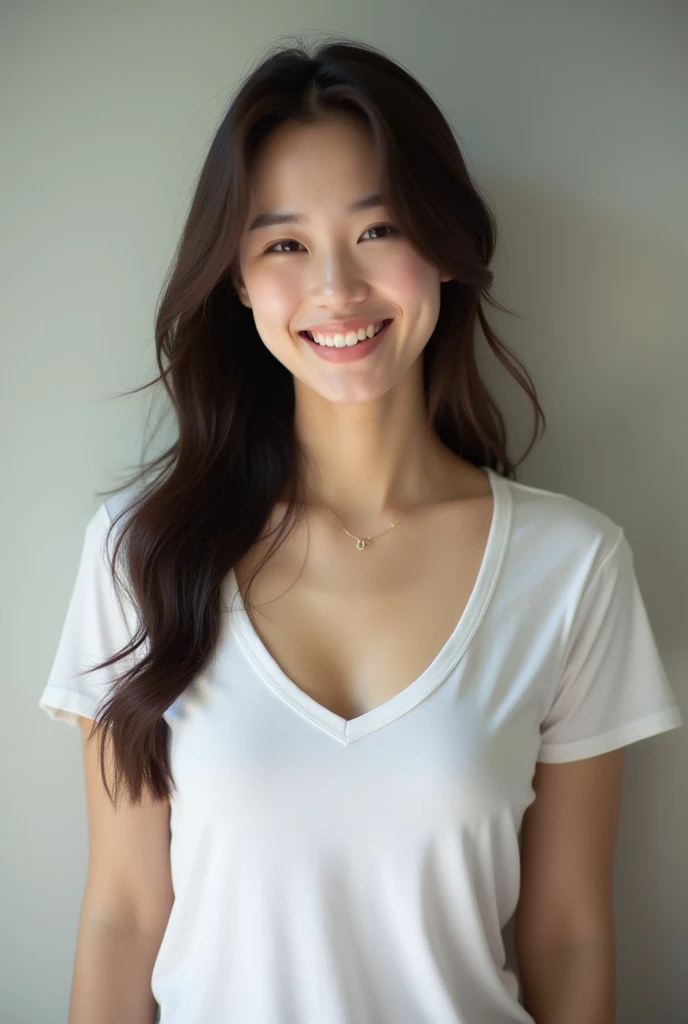 A beautiful Japanese woman in her early 20s, not wearing a bra, with her erect nipples visible through her white T-shirt、I have long hair、smile、