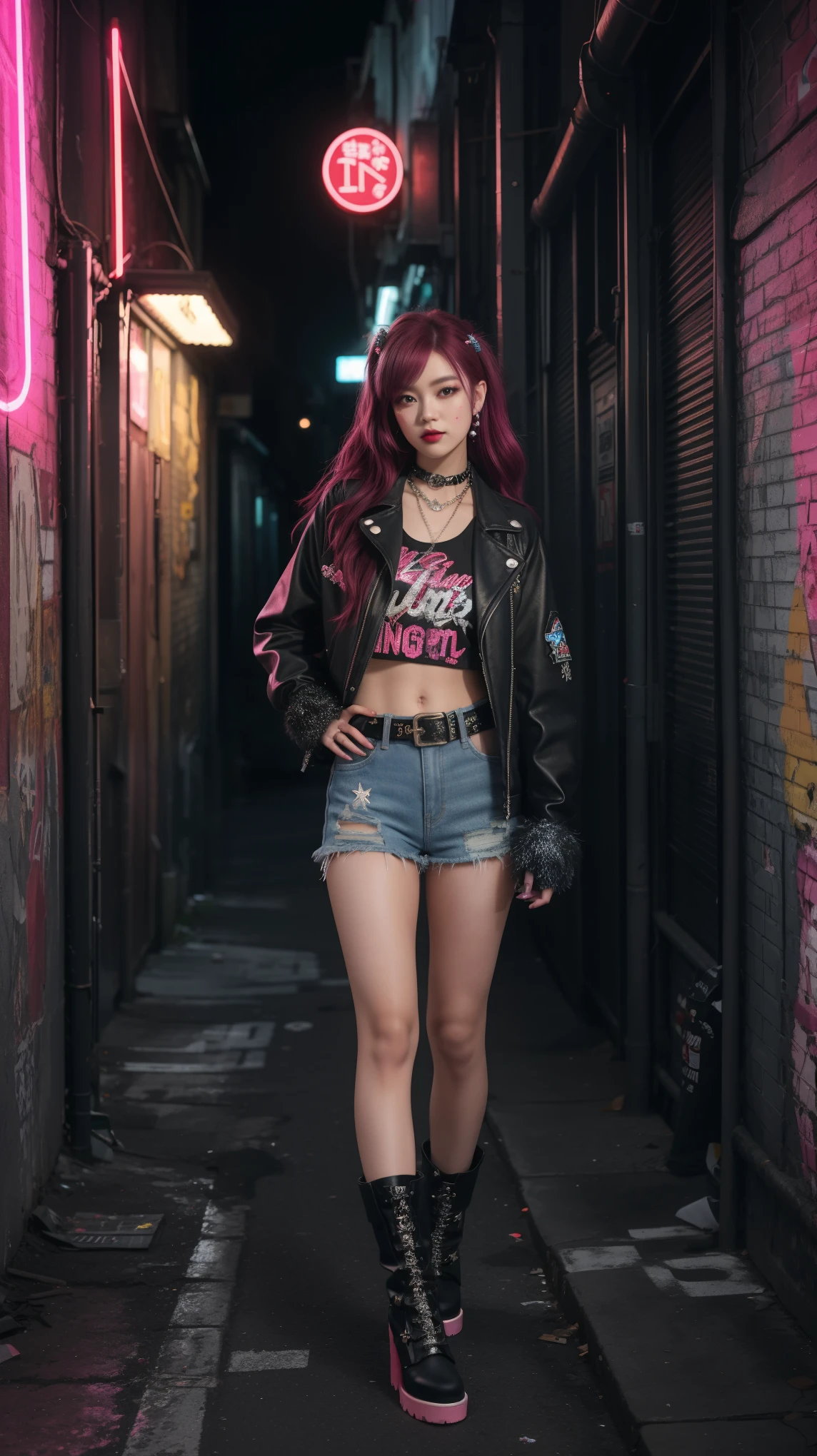 A girl posing in a grungy, neon-lit urban alleyway. Red maroon half hair, The girls wear edgy streetwear, jeans denim skirt, fur boots, glitter star hairclip, aesthetic top with fir on sleeves, pearls and stars belt, half finger gloves, The alleyway is dark and atmospheric, with graffiti-covered walls and glowing neon signs, grungy aesthetic, high angle, night