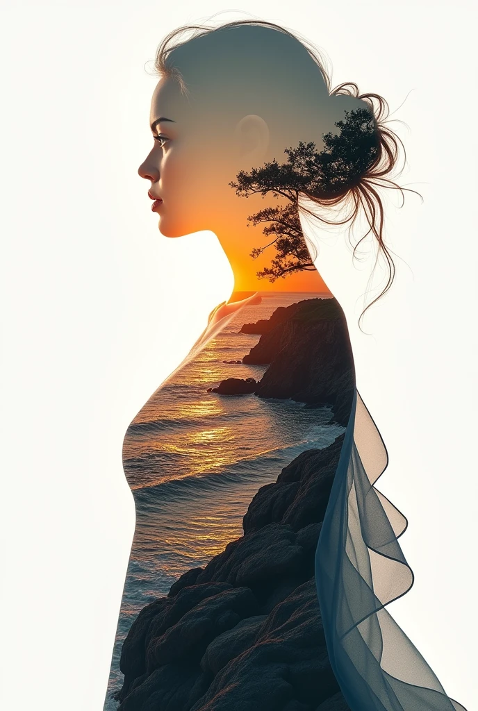 high quality, 8K Ultra HD, A beautiful double exposure that combines an goddess silhouette with sunset coast, sunset coast should serve as the underlying backdrop, with its details incorporated into the goddess , crisp lines, The background is monochrome, sharp focus, double exposure, by yukisakura, awesome full color,