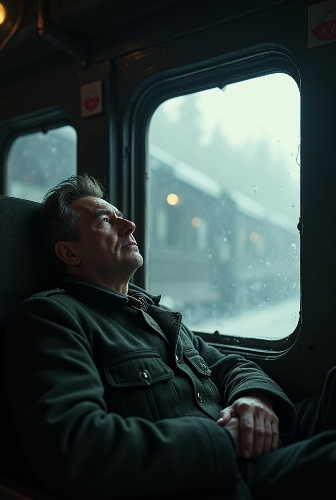 masterpiece, best quality,Soviet man,Steam locomotive cockpit,Lie on the window,Looking up,World War II,TRAIN STATION,About to travel,dimly lit scene,Dim Lights,Snow